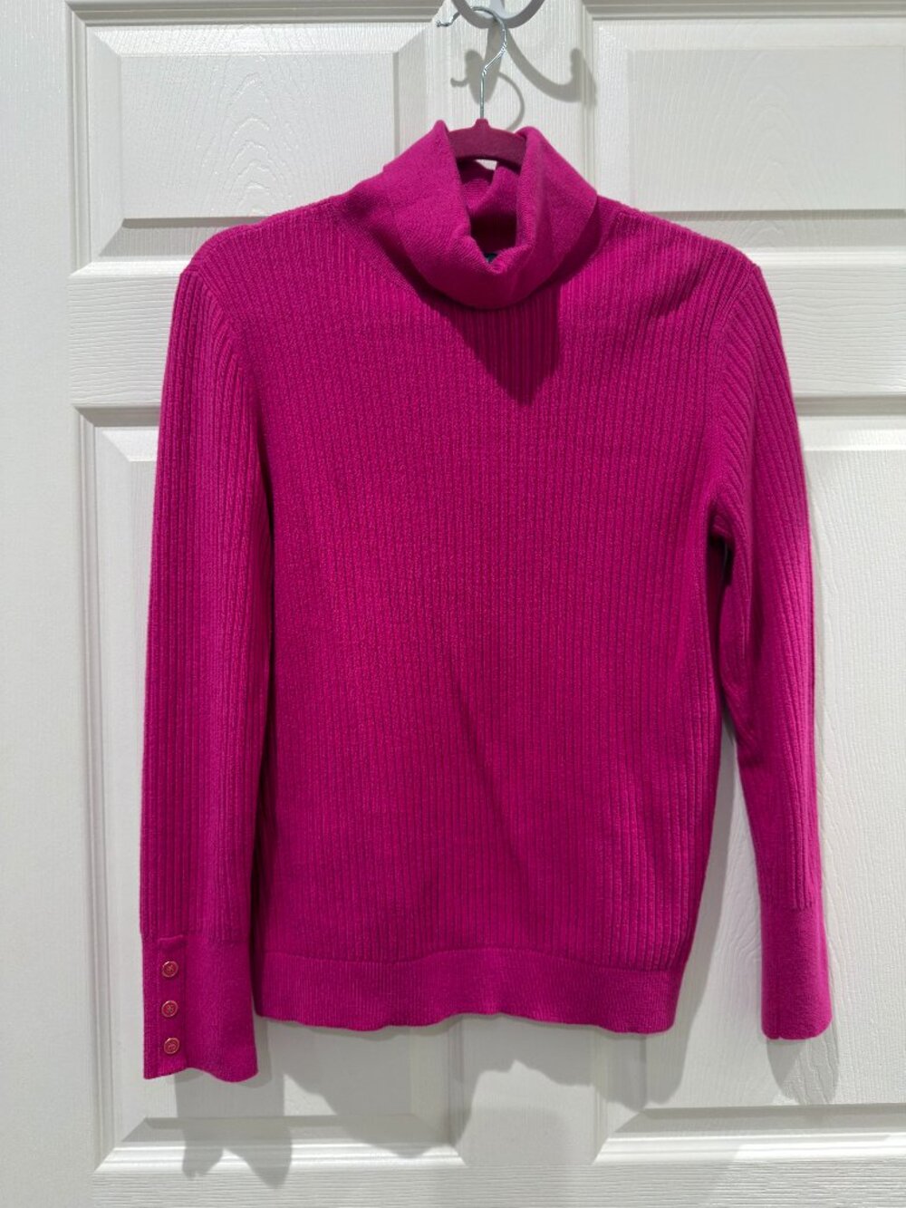 Talbots Button Cuff Ribbed Turtleneck Sweater Deep Cerise Pink Size M